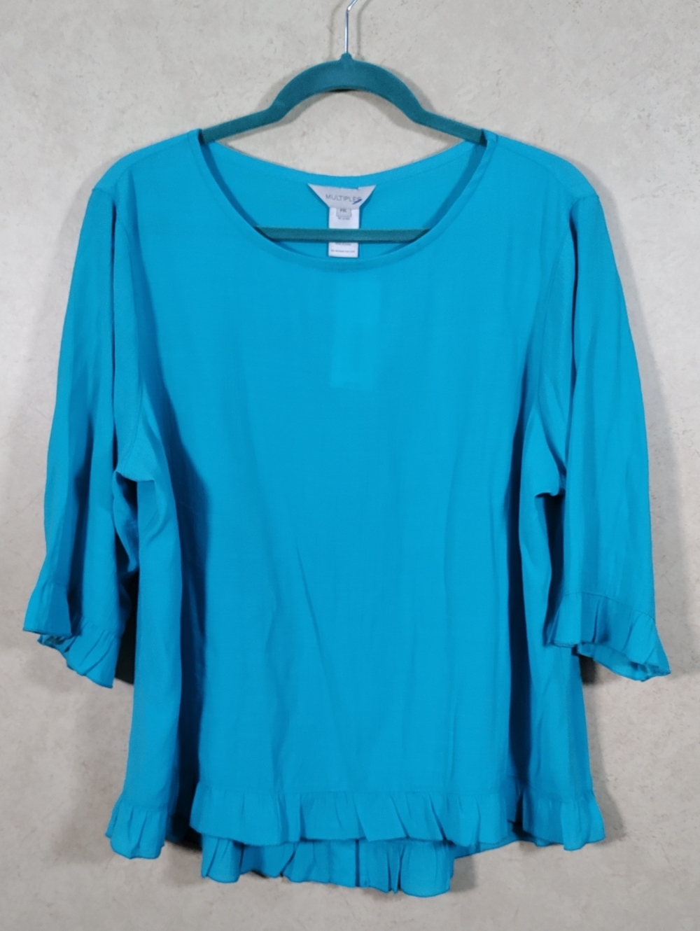 H179 Multiples turquoise Montego Bay ruffle trim blouse PXL NWT